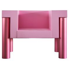 a pink plastic chair with two legs and a shelf on the bottom that is shaped like a rectangle