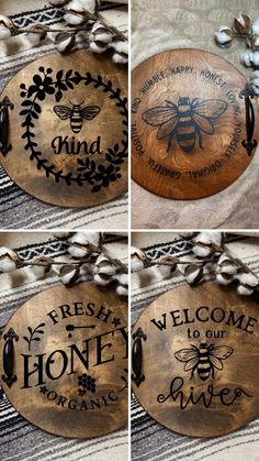 four different pictures of wooden signs with words on them