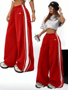 Women's Fall/Winter Casual Sport Hip Hop Banded Texture Decoration Sweatpants,Back To School,Rave Festival Outfits Red Casual   Woven Fabric Colorblock,Letter,Striped Wide Leg Non-Stretch  Women Clothing, size features are:Bust: ,Length: ,Sleeve Length: Old School Hip Hop Outfits Women, Hawks Casual Clothes, Sweatpants Dance Outfit, Red Parachute Pants Outfit, Red Outfits For School, Red And White Outfit Casual, Dance Style Outfits Hip Hop, Red Track Pants Outfit, 2000 Hip Hop Fashion