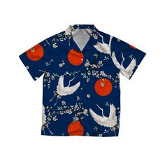 Vintage style short sleeve button up top featuring Japanese / Asian birds illustration. 🐦 Dress to impress with a Hawaiian Shirt 🌴by Twenty Apparel ‣ This is a rare Japanese art style bird shirt. ‣ With a classic fit, and a relaxed collar, our short sleeve Hawaiian shirts is comfortable for every occasions. It's decorated with original and trendy hand-drawn pattern. ‣ The material is light-weight, quick-drying, breathable, soft and durable, it will keep you comfortable and cool, which is deal Collared T-shirt With Button Closure For Spring, Spring Collared T-shirt With Button Closure, Printed Relaxed Fit T-shirt With Camp Collar, Blue Button-up T-shirt For Summer, Collared Hawaiian Shirt With Graphic Print, Blue Graphic Print Hawaiian Shirt, Relaxed Fit Graphic Print Hawaiian Shirt, Relaxed Fit Collared Hawaiian Shirt With Graphic Print, Graphic Print Button-up Vacation Shirt