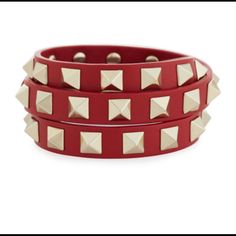 Red Leather Wrap Around Bracelet With Gold Studs! 100% Authentic Valentino Designer Red Jewelry Gift, Designer Red Jewelry As Gift, Designer Red Jewelry For Gift, Red Bangle Bracelet For Fashion Accessory, Red Formal Bracelet Jewelry, Adjustable Red Bracelets For Formal Occasions, Red Jubilee Bracelet For Party, Red Jubilee Bracelets For Parties, Designer Red Jewelry For Party