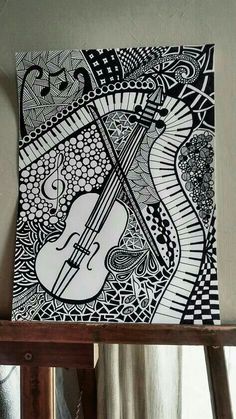 a black and white drawing of a violin on top of a wooden shelf next to a window