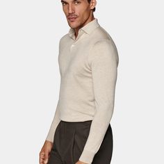 Simple luxury at its finest-this sand long-sleeve polo shirt makes a highly adaptable option that works seamlessly with any smart casual style. Simple Luxury, Smart Casual Style, Zip Cardigan, Long Sleeve Polo Shirt, Silk Wool, Long Sleeve Polo, Polo Collar, The Sand, Mulberry Silk