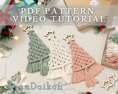 three crocheted christmas tree ornaments with text overlay that reads, free pattern video tutor