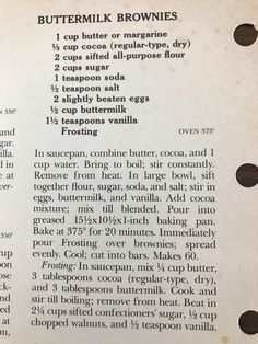 the recipe for buttermilk brownies is shown in black and white text on a piece of paper