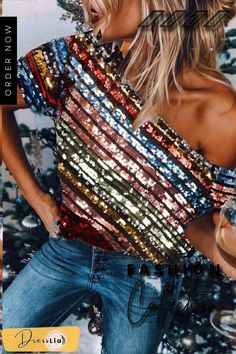 Women Multicolour Sequins Lined Blouse Tops Sparkly Crop Tops, Sequins Blouse, Looks Jeans, Mode Hippie, Sequin Blouse, Multi Color Blouse, Mode Boho, Off Shoulder Fashion, Shirt Female