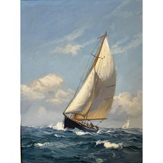 a painting of a sailboat in the ocean with white sails and blue sky above