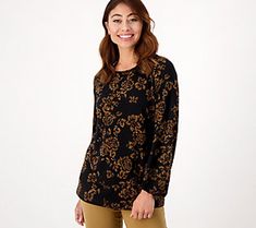 From nothing to wear to always something to wear. Liquid Knit® mixed with an elegant print just has that sort of effect, making this blouson-sleeve top extra effortless for impromptu gatherings, busy work days, and video meets. From Susan Graver. Versatile Crew Neck Fall Blouse, Stretch Floral Print Tops For Layering, Chic Jacquard Knit Top For Workwear, Fall Crew Neck Versatile Blouse, Fall Workwear Printed Tops, Printed Tops For Workwear In Fall, Fall Jacquard Knit Tops For Workwear, Relaxed Fit Blouson Sleeves Tops For Fall, Floral Print Stretch Tops For Work