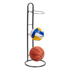 three balls on a stand with one ball in the middle and another basketball behind it