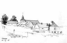 an ink drawing of a church on top of a hill