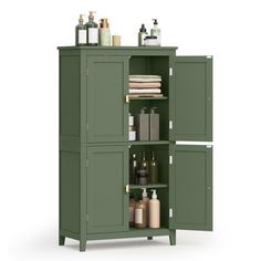 a green cabinet with several bottles and soaps on the top, in front of a white background