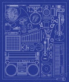 a blueprinted poster with musical instruments and music equipment on it's side