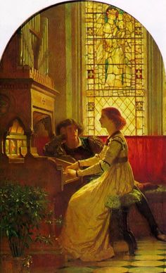 a painting of two people sitting at a piano in front of a stained glass window