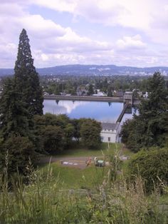 a lake surrounded by trees with a dam in the background