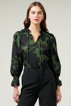 Night Moss Floral Russo Pleated Long Sleeve Blouse – Sugarlips Us Labor Day, Long Balloons, Small Tops, Cuff Sleeves, Cotton Style, Sweater Accessories, High Waisted Shorts, Occasion Wear