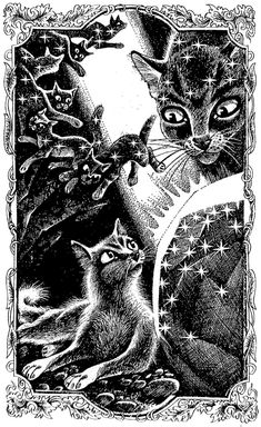 a black and white drawing of two cats in front of a full moon with stars