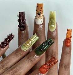 #nails #naildesign #nailart #nailsoftheday #summer2024 Gel Nail Color Palette, Green Unique Nails, Fall Square Nails Ideas, Earthy Color Nails, Earthy Aesthetic Nails, Funky Autumn Nails, Fall Maximalist Nails, Fall Junk Nails, Fall Y2k Nails