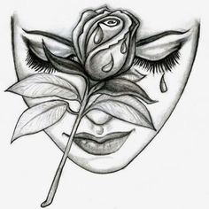 a drawing of a woman's face with a rose in her mouth and eyelashes