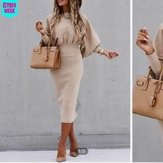 Lantern Sleeve Shirred Waist Bodycon Dress Long Sleeve Pencil Dress, Knitted Winter Dress, Lantern Sleeve Sweater, Womens Sheath Dress, Elegant Office, Lantern Sleeve Dress, Long Dress Casual, Hip Dress, Trend Fashion