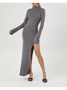 A knit maxi dress featuring a turtleneck, long sleeves, asymmetrical hem, leg slit, and bodycon silhouette.Asymmetrical Turtleneck Maxi Dress Grey   Long Sleeve  Plain Bodycon   Women Clothing, size features are:Bust: ,Length: ,Sleeve Length: Turtleneck Maxi Dress, Mock Neck Sweater Dress, Knit Maxi Dress, Grey Maxi Dress, Long Sleeve Tops Casual, Maxi Knit Dress, Dress For Short Women, Women Long Dresses, Asymmetrical Hem