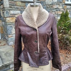 Rare Beauty , 90s Vintage, Good Preowned Condition, No Modeling Or Trades, Shearling Collar, Peplum Detail, Leather In Good Preowned Vintage Condition With Normal Of Signs Of Use, Bottom Button Is Loose,Lined, Length About 21.5", Waist About 14" Across, , Sleeve 23.5" Uncuffed, Vintage Size 6, Across.Top Of Back Shoulder To Shoulder Seam About 17", Please Compare To Your Own Measurements To Assure A Good Fit Outfit Pieces, Rare Beauty, Vintage Leather Jacket, Back Shoulder, 90s Vintage, Vintage Leather, Jackets & Coats, Jackets For Women, Spa