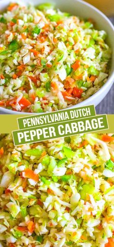 this is an image of a bowl of coleslaw and carrots with the words pennsylvania dutch pepper cabbage