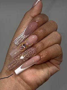 Extra Baddie Nails Long, Line Art On Nails, Nails 2025, Crazy Nail Art, Trending Nails, Halloween Acrylic Nails, Nails Design With Rhinestones, Cute Acrylic Nail Designs, Bling Acrylic Nails