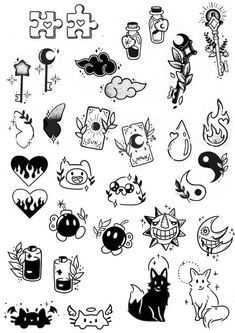 various tattoo designs and symbols are shown in this black and white photo, with the word love