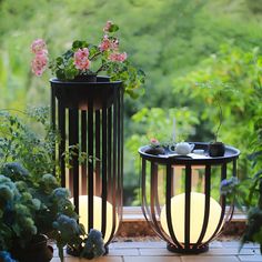 two planters sitting on top of a window sill next to flowers and plants