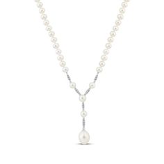 Cultured Pearl & White Lab-Created Sapphire Y Necklace Sterling Silver 17" | Kay White Lab, Y Necklace, Necklace Sterling Silver, Drop Necklace, Cultured Pearls, Pearl White, Lobster Clasp, Sapphire, Lab