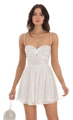 Micah Iridescent Sequin Twist Dress in White | LUCY IN THE SKY Winter Dance Dresses, Cute Formal Dresses, School Dance Dresses, Twist Dress, Cute Homecoming Dresses, Iridescent Sequin, Winter Formal Dresses, Twisted Dress