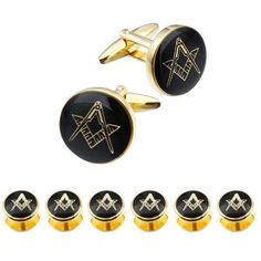 Black Enamel Cufflinks High Quality Tuxedo 6 Studs Set [Gold & Silver] - Bricks Masons Wedding Dress Shirt, Enamel Cufflinks, Free Mason, Tuxedo Studs, Studs Gold, Tuxedo Shirts, Tuxedo For Men, Stud Set, Silver Cufflinks