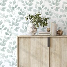 a wooden cabinet sitting next to a wall with a plant on it's side