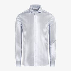 A
  classic white button-up with a dynamic dark blue triple stripe, perfect for
  bringing a bit of classic pattern to any casual or business look. Striped Cotton Top With Spread Collar, Spring Striped Slim Fit Shirt, Striped Long Sleeve Business Tops, Striped Long Sleeve Tops For Business, Slim Fit Striped Collared Top, Casual Striped Tops For Business, Business Cotton Tops With Spread Collar, Formal Striped Top With Spread Collar, Elegant Striped Cotton Tops