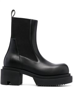 jet black calf leather smooth grain branded leather insole pull-tab at the heel round toe slip-on style platform sole 75mm mid heel Black Leather Boots Farfetch, Beatles Shoes Boots, Rick Owens Boots, Black Boots Men, Black Chelsea Boots, Balenciaga Triple S, Summer Beach Wear, Derby Shoes, Espadrille Shoes