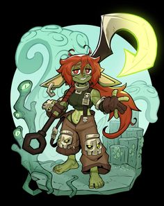 an image of a cartoon character with red hair and green eyes holding a giant wrench