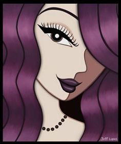 a painting of a woman with purple hair and black eyeliners, her eyes are closed