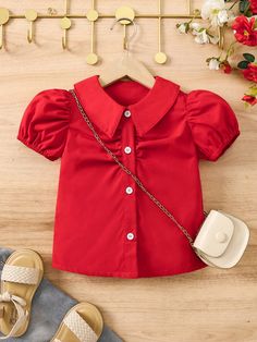 Red Cute Collar Short Sleeve Woven Fabric Plain Shirt Embellished Non-Stretch  Young Girls Clothing Lantern Sleeved Blouses, Peter Pan Collar Dress, Plain Shirt, Girls Blouse, Street Style Summer, Graduation Ceremony, Elegant Red