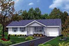 this is a computer rendering of a house in the country side with trees and shrubs around it