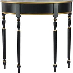 a black and gold console table with two drawers on one side, an oval shaped end table