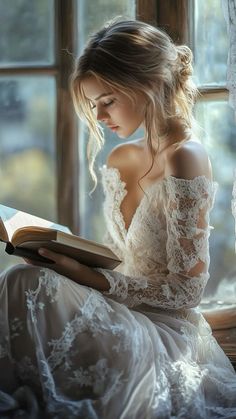 a woman sitting on a window sill reading a book