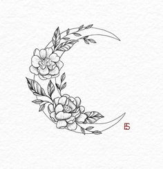 a drawing of a crescent with flowers and leaves around it