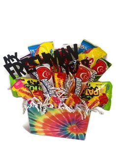 a tie dye box filled with candy and candies