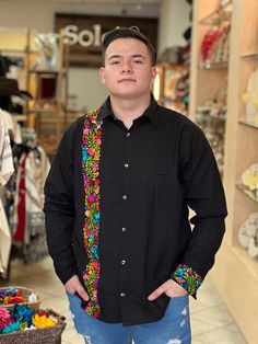 This beautiful Traditional Guayabera for Men is floral embroidered and adds a sophisticated flare to your wardrobe.  It is made out of fine Mexican cotton and is completely embroidered by hand with silk thread. This elegant long sleeve button up Shirt is perfect for special occasions such as Mexican Fiestas, Quinceañeras, Weddings, etc. This guayabera is made by Mexican Artisans in Oaxaca, Mexico. Traditional Fit Long Sleeve Shirt For Spring, Traditional Black Shirt With Floral Embroidery, Traditional Fit Embroidered Shirt For Spring, Spring Embroidered Traditional Fit Shirt, Style Long Sleeve Shirt, Men Formal, Floral Embroidered Dress, Mens Oxfords, Matching Dresses