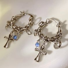 Opal Bead and Cross Symbol Hoop Earrings Y2k Earrings, Cross Symbol, Flower Red, Alloy Earrings, Meaningful Jewelry, Christian Jewelry, Cross Earrings, Stunning Earrings, Accessories Jewelry Earrings