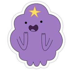 a purple sticker with a yellow star on it's forehead and hands in the air