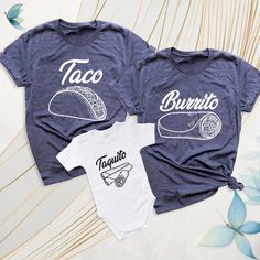 Taco Burrito Taquito Family Shirt, Mexican Mom Dad Baby Matching Tshirt, New Dad Mom Tee, Daddy Daughter Shirt, First Birthday Family Shirts. These are t-shirts that share the same design, color or message and are produced for all family members. These t-shirts symbolize togetherness and harmony within the family. For example, they can be designed to be worn in holiday photos or on special occasions. They offer a comfortable and fun clothing option. How To Order: - Please, check all tees color a White Tops With Cartoon Print For Family Occasions, Blue Tops With Funny Print For Family Matching, Family Matching Funny Print Short Sleeve Tops, Cute Family Tops With Funny Print, Family Matching Tops With Funny Print Short Sleeve, Blue Family Matching Tops With Funny Print, White Tops With Cartoon Print For Family, White Tops With Cartoon Print Matching Style, Fun Letter Print Tops For Family Occasions