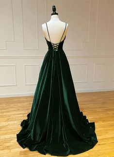 Green V-Neckline Straps Lace-Up A-Line Prom Dress, Green Velvet Long Prom Dress Velvet Formal Dress, Simple Evening Dress, Wedding Aesthetics, Velvet Evening Dress, Prom Dresses Simple, Velvet Prom Dress, Simple Prom Dress, Spaghetti Strap Prom Dress, Custom Prom Dress