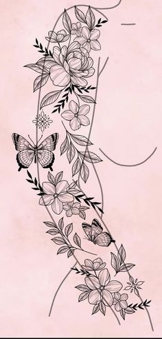 a tattoo design with flowers and butterflies on it