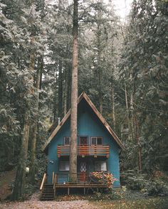 a small blue cabin in the woods surrounded by trees and leaves with stairs leading up to it